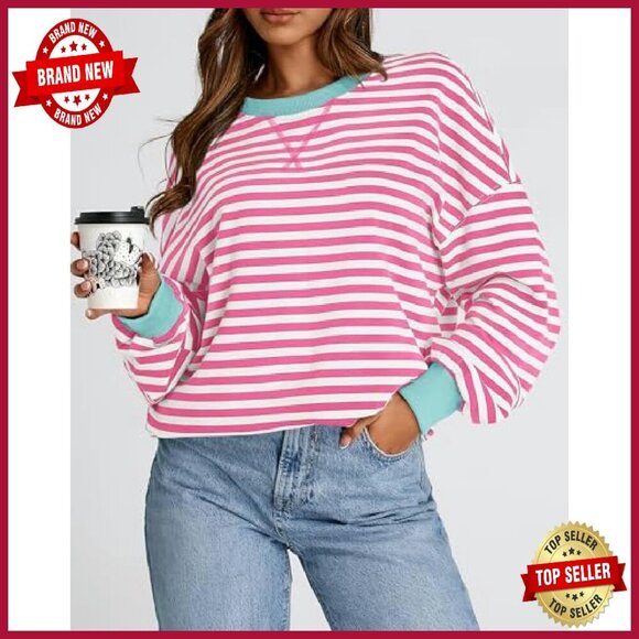 Oversized Striped Sweatshirt Crewneck Pullover Long Sleeve Loose Fit - Picture 6 of 8